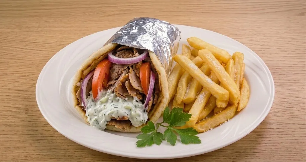 A gyro wrapped in warm pita with tomato, red onion and tzatziki, served with fries